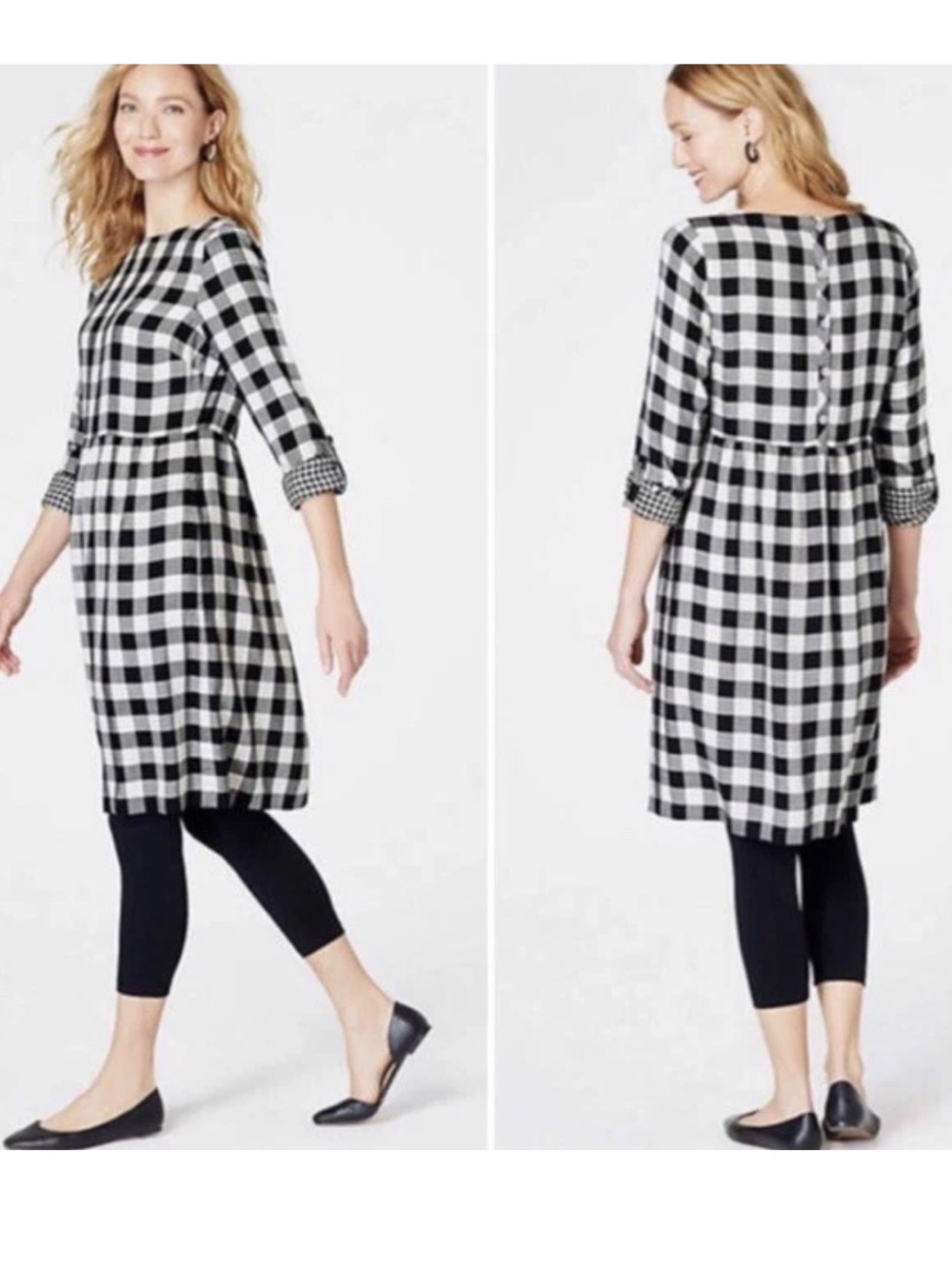 J. Jill black white buffalo check long sleeve dress in large petite